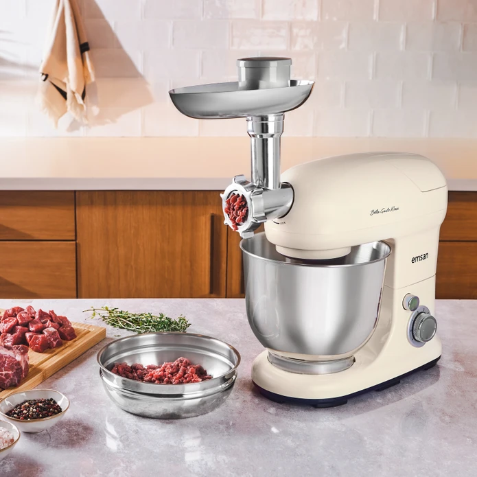 Emsan Bella Gusto Maxi Krem Kıyma Çekme /Sucuk-Sosis/İçli Köfte Aparatlı/Smooth Hazneli Hamur Yoğurma Makinesi 1300W 5L