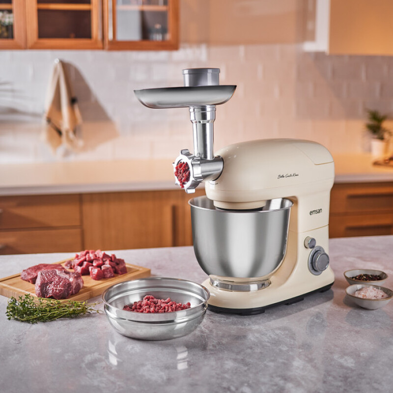 Emsan Bella Gusto Maxi Krem Kıyma Çekme /Sucuk-Sosis/İçli Köfte Aparatlı/Smooth Hazneli Hamur Yoğurma Makinesi 1300W 5L