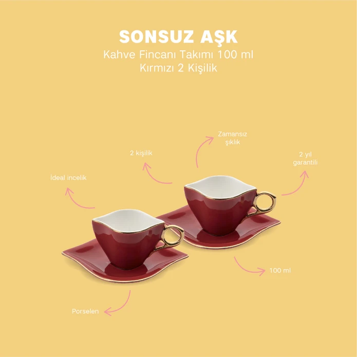 Emsan Sonsuz Aşk 2 Kişilik Kahve Fincanı Takımı Kırmızı 100 ml
