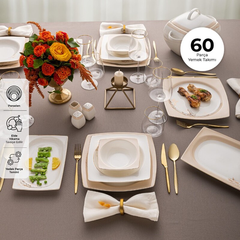 Emsan Zambak 60 Parça 12 Kişilik Kare Yemek Takımı Fine Bone