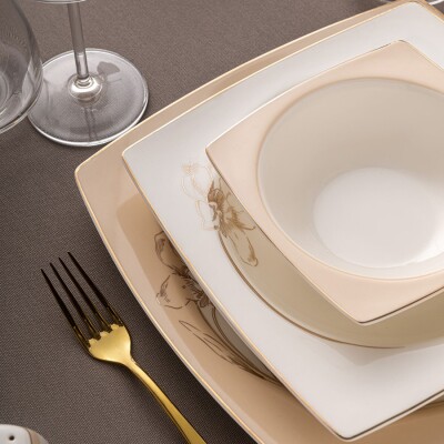 Emsan Zambak 60 Parça 12 Kişilik Kare Yemek Takımı Fine Bone