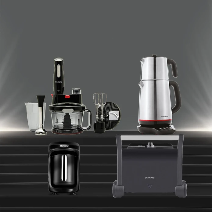 Homend Premium 4'lü Elektrikli Çeyiz Seti Tost, Kahve, Çay Makinesi ve Blender Seti Siyah